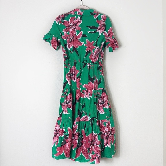 Zara Green Pink Floral Pattern Tiered Midi Dress size small - Picture 6 of 14
